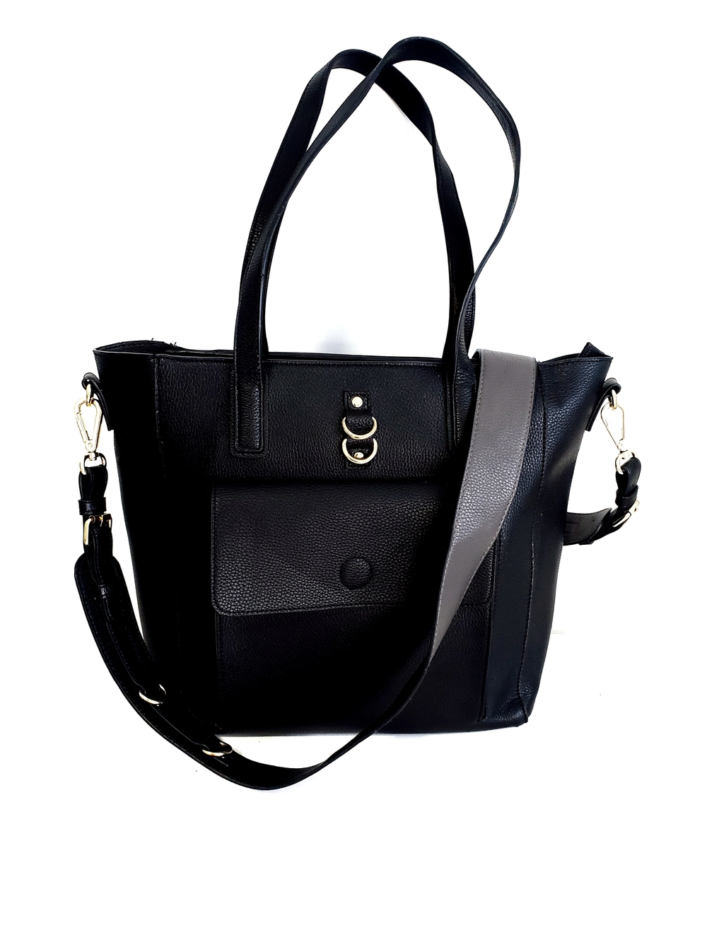 Indigo Black Shoulder Tote with Front Pocket and Detachable Strap
